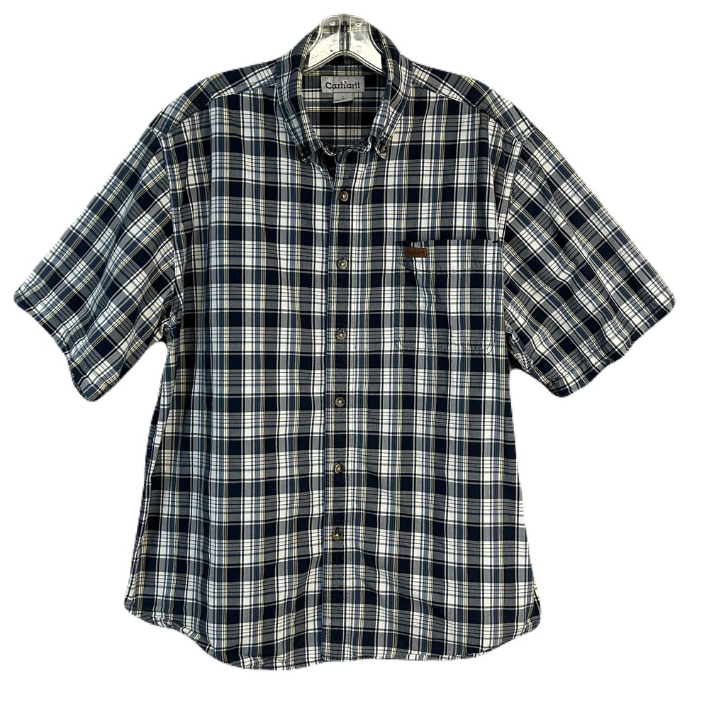 Carhartt Mens Button‎ Down Plaid Shirt L Short Sleeve Cotton Blue Utility S185